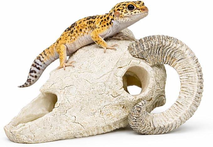 Reptile Hide Cave Decoration, Ram Skull Style Resin Shelter for Gecko, Lizard, Snake and Amphibian, Natural Habitat Decor for Small Reptiles