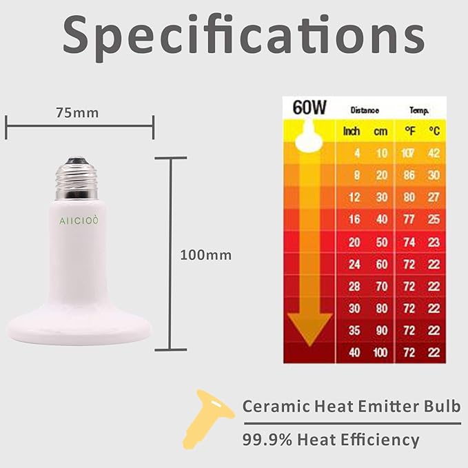 Aiicioo Reptile Heat Lamp Bulb -60W Ceramic Heat Emitter No Harm No Light Infrared Heater Lamp for Chicken Coop Lizard Aquarium Snake Outside Dogs Brooder 110V,White