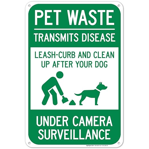 Pet Waste Leash-Curb and Clean Up After Your Dog Under Camera Surveillance Sign, (SI-63188) 12x18 Inches, 55 mil Thick HDPS (high Density polystyrene), Made in USA