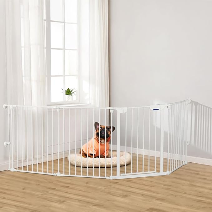 AGESISI Freestanding Dog Gates with Door Walk Through, Extra Wide Doggy Door 100" W x 29" H Pet Gate Safty 4 Panels Dog Fence for Stairs, Doorways, White