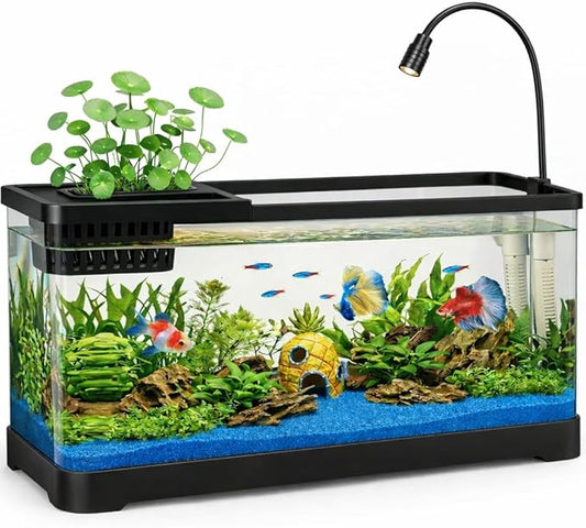 5 Gallon Fish Tank Aquarium Starter Kit with USB LED Light & Quiet Filter, Large Desktop Betta Tank with Decorations, Starter Aquarium for Home Office(Large Black)