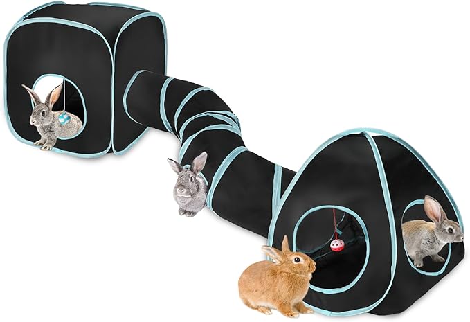 YUEPET Rabbit Tunnel and Cube Collapsible Tent Bunny Interactive Crinkle Tunnel Toys Small Animal Hideout with Play Ball for Dwarf Rabbit Bunny Guinea Pig (Blue Black)