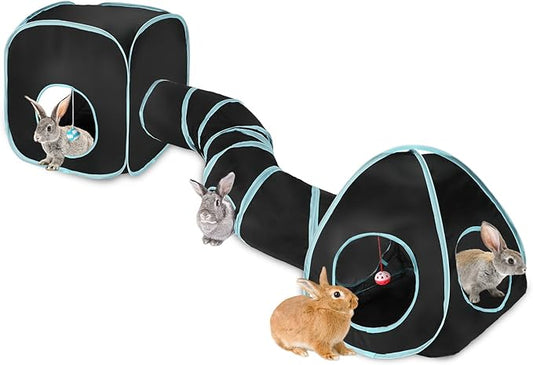 YUEPET Rabbit Tunnel and Cube Collapsible Tent Bunny Interactive Crinkle Tunnel Toys Small Animal Hideout with Play Ball for Dwarf Rabbit Bunny Guinea Pig (Blue Black)