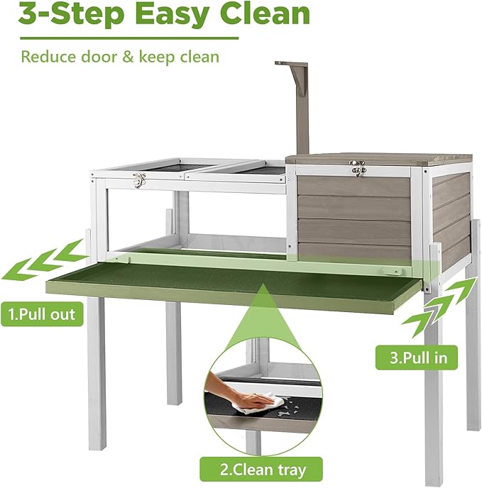 Standing Tortoise Habitat with Lamp Holder in Indoor & Outdoor, Wooden Turtle Enclosure Table with Detachable Legs, Leakproof Tray, Openable Roof for Tortle, Lizard, Chameleon, Grey