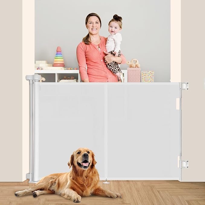 Miumoon 59 inch Retractable Baby Gates 42 inch Tall, Retractable Gate with Reinforced Strip Design to Prevent Crawling Through, 5 FT Retractable Dog Gate for Stairs, Doorways, Hallways, Indoor/Outdoor