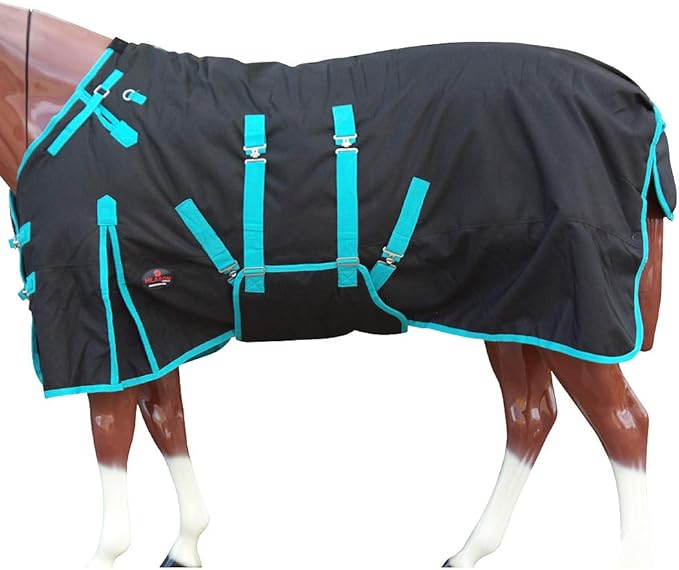 Black with Turquoise Trims 66 inch HILASON 1200D Winter Waterproof Poly Horse Turnout Blanket Belly Wrap