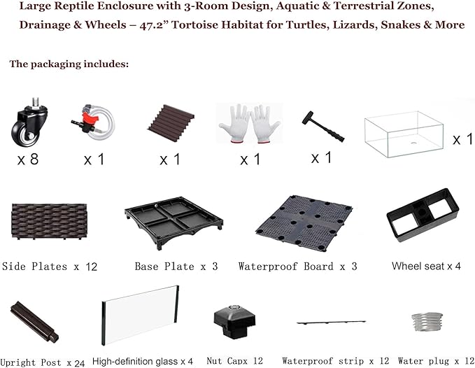 Tortoise Shallow Water Turtle Habitat, Home Turtle Breeding Box, Plant Planting Ecological Breeding Box, Drainage & Wheels – 47.2” Tortoise Habitat for Turtles, Lizards, Snakes & More