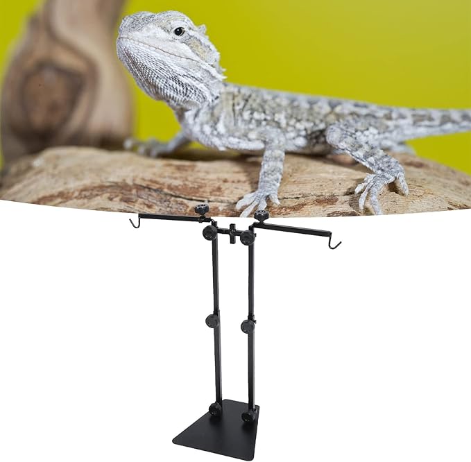 Reptile Lamp Stand, Metal Adjustable Double Hook Light Stand Reptile Lamp Fixture Base with Heavy Base for Terrarium Tank Amphibians