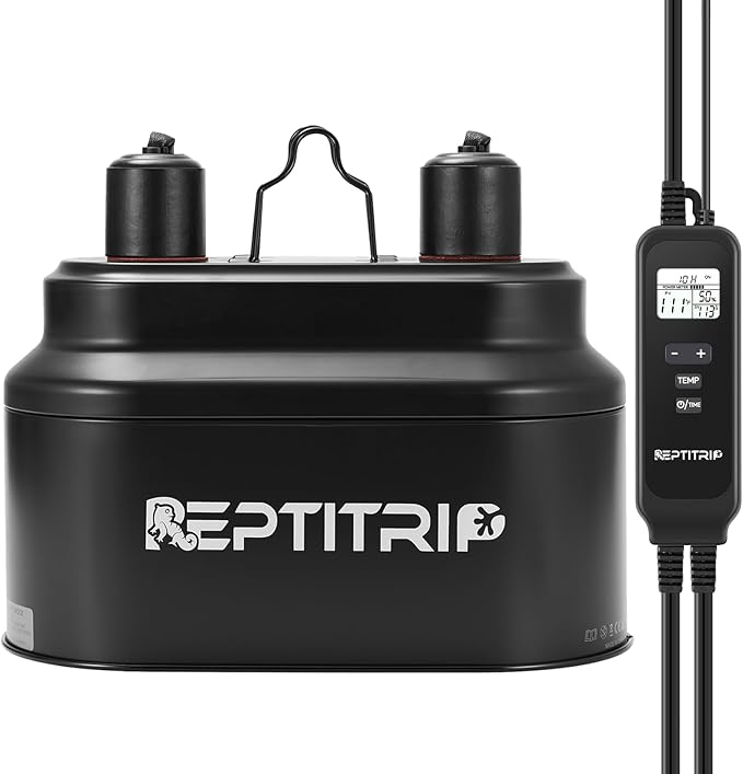 Dual Reptile Light Fixture with Timer & PID Dimming Thermostat, Day-Night Heat & Light Cycle, Heat Lamp for Bearded Dragons Terrariums, Max 160W Per Socket (No Bulbs)
