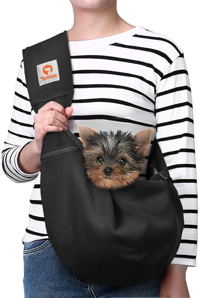 Tomkas Small Dog Sling Carrier - Zipper Pocket & Adjustable Strap & Zip Pocket - for 3-10 lbs Pets (Black, M - Zipper Pocket & Adjustable Strap)