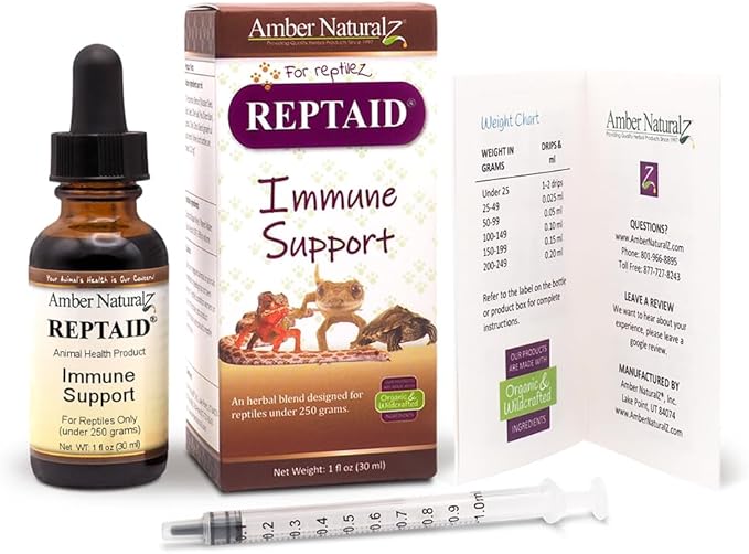 AMBER NATURALZ Reptaid Herbal Supplement for Small Reptiles | Herbal Pet Supplement for Immune Support | for Reptiles Under 250g | 1 Fluid Ounce Glass Bottle | Manufactured in The USA