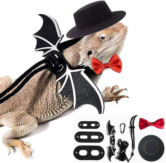 Valentine's Day Bearded Dragon Lizard Leash Harness Hat Bowtie Set - Valentine's Day Hat + Bowtie + 3 Pack Harness for Bearded Dragon Iguana Amphibians Gift Small Animal Clothes Outfit(Black Set)