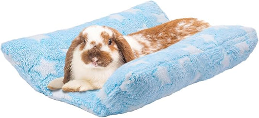 MEWTOGO 15.7" x 14" Bunny Bed for Rabbit Cage - Thickened Soft Prevent Sore Hocks Plush Mat with Cotton Lounger Pillows, Small Animal Flop Mat for Hutch Sleeping Indoor, Light Blue-Star