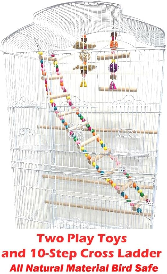 66" Large Open/Close Play Perch Stand Top 10-Step Play Ladder Toys Feeder Doors Clear Food Water Cups Side Breeding Doors Canary Lovebird Finch Cockatiel Bird Cage with Detachable Rolling Stand