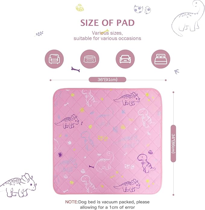 IEUUMLER Washable Pee Pads for Dogs, 2 Pack Non-Slip & Waterproof Whelping Pad, Reusable Puppy Potty Training With Fast Absorbent for Playpen EU007 (Pink Dinosaur, 34"X36"-2pcs)