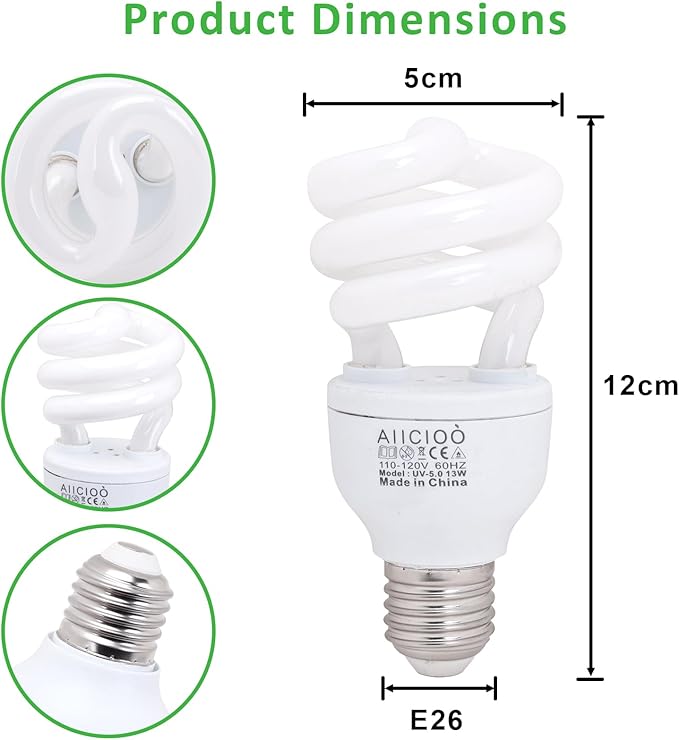 Aiicioo UVB Reptile Light 5.0 13W Desert UVB Spiral Compact Fluorescent Lamp UVB Reptile Light Bulb Tropical and Sub-Tropical UVB Bulb for Reptiles Bearded Dragons Lizards