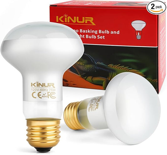 KINUR Reptile Heat Lamp Bulb-75W 2 Pack,UVA Basking Light,Natural Daylight Heating Light for Bearded Dragon,Turtle,Tortoise,Lizard,Snake,Gecko,Chicken with Digital Temperature Strips E26