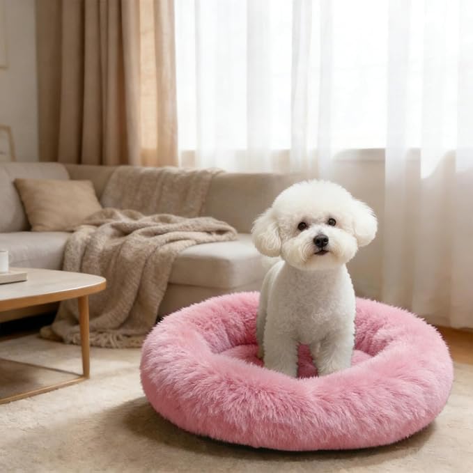 Comfort Donut Dog Bed for Small Dogs, Cat Bed & Pet Bed for Indoor Use, Medium Size with Soft Plush, Round Dog Beds for Large Dogs and Cats(Rubber Red,24''Lx24''Wx8''Th)