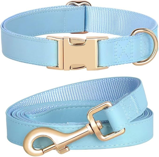 PET ARTIST Soft PU Leather Dog Collar and Leash Set, Bright & Stylish 5FT PU Leather Leash and Collar Set, Durable Pet Collars with Quick Release Metal Buckle for Small Dogs,Blue,S(9"-14")