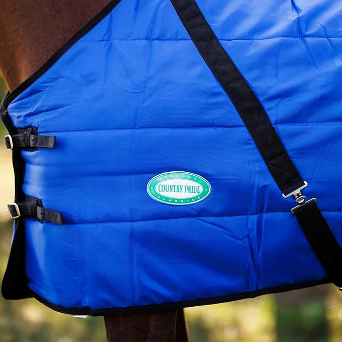 Country Pride Sentinel Channel Quilt Stable Blanket, Midweight Open Front, 420D Nylon Outer Shell, 250g Poly-Fill Insulation, Fleece Wither Protection, Adjustable Leg Straps, Bias Surcingle (84, Blue)