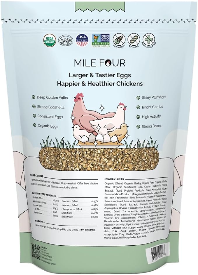 Mile Four Organic Chicken Feed – Grower Mash, Non-GMO, USA Grown, 18% Protein, Corn-Free, Soy-Free, Non-Medicated Feed for Chickens, 2 lb Sample