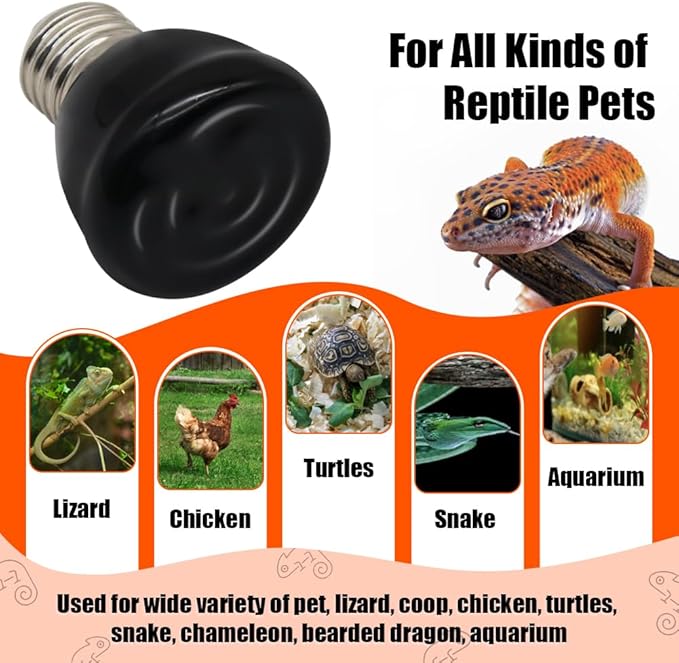 Mini Reptile Heat Lamp Bulb Ceramic Infrared Heat Emitter（4 Pack） E26/E27 Base, AC110V, for Pet Amphibian Snake, Turtle, Lizard, Chicken, Brooder Coop, No Light (100, Watts)
