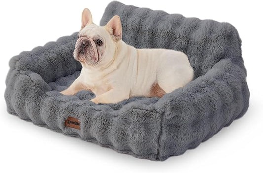 ZOMISIA Small Dog Sofa - Orthopedic Cat Sofa Bed for Indoor Cats, Fluffy Faux Fur Dog Couch with Supportive Egg Foam, Cute Pet Couch Bed Removable Washable Cover and Non-Slip Bottom, Grey
