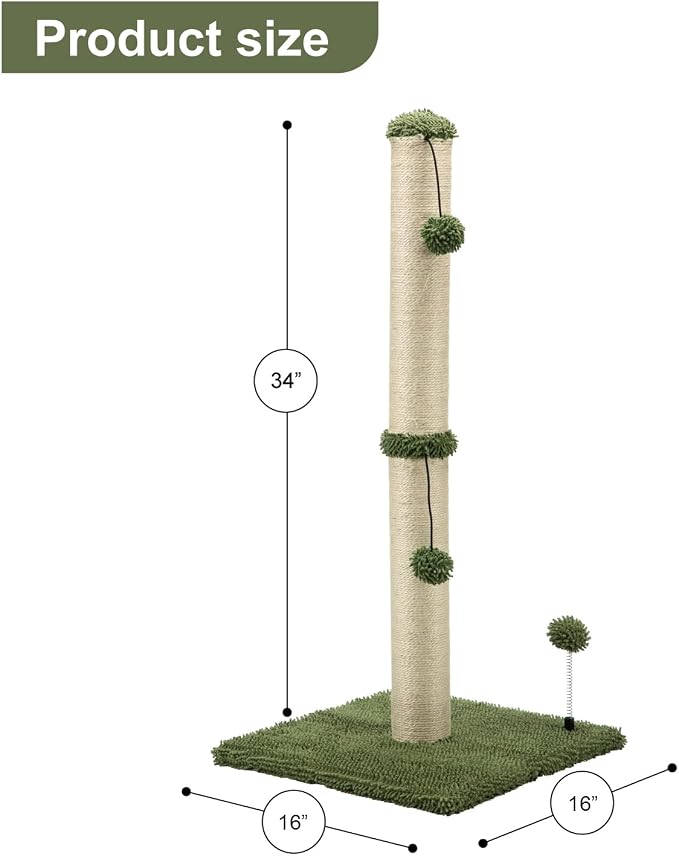 MECOOL 34“ Tall Cat Scratching Post Premium Basics Kitten Scratcher Sisal Scratch Posts Trees with Hanging Ball for Indoor Cats (34 inches for Adult Cats, Cactus Green) - Image 4