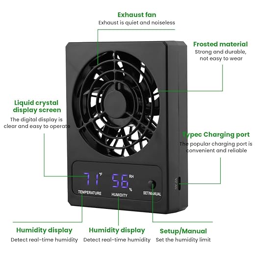 Reptile Ventilation Fan, LED Digital Thermometer and Humidity Gauge Dehumidifier for Pet Rearing Box Reptile Tank, with Humidity Sensor, for Humid Environments, Rainfo-Rest and Ecological Tanks
