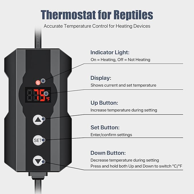 Reptile Heat Lamp Fixture 5.5" Deep Dome with Clamp & Digital Reptile Thermostat Controller, Ceramic Socket UVA UVB Basking Bulb Holder, PID Temp Control for Bearded Dragons Turtles Lizards Snakes