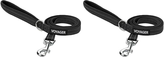 Voyager Reflective Dog Leash with Neoprene Handle, 5ft Long, Supports Small, Medium, and Large Breed Puppies, Cute and Heavy Duty for Walking, Running, and Training - Black (Leash), S (Pack of 2)