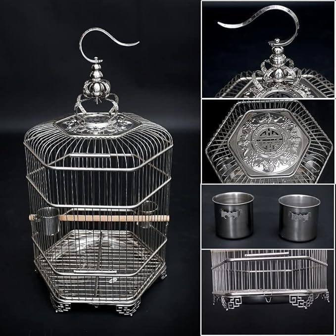 Stainless Steel Bird Cage Portable Bird Carriers for Home Flying Bird Cage with Easy Clean Tray Travel Birdcages，Silver 36CM