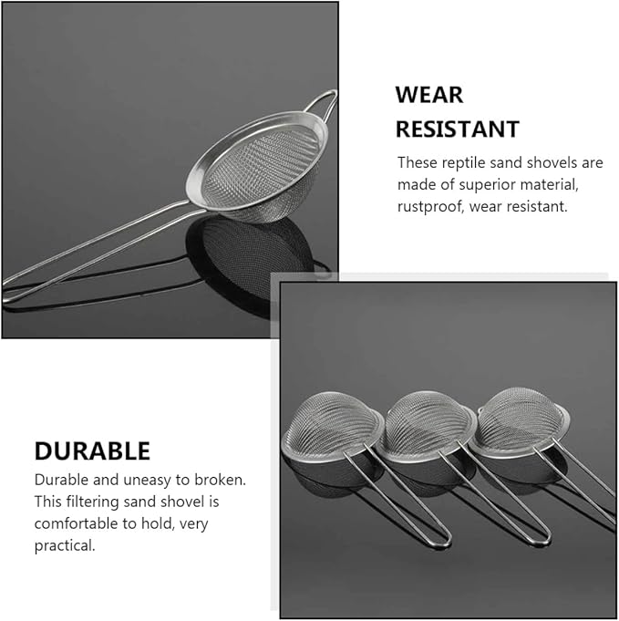 2pcs Reptile Residue Excrement Shovel with Metal Mesh, Dung Filtering Sand Scoop for Terrarium Cleaning, Silver Stainless Steel Lizard Box Sieve Tool for Reptile Care