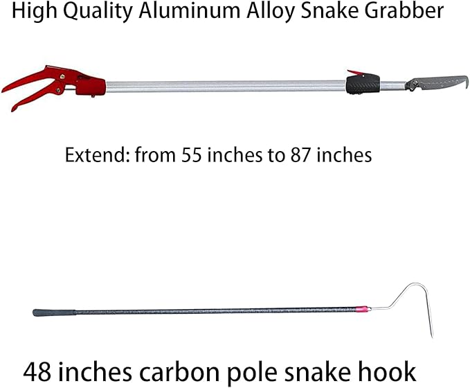 55‘’-87‘’Telescopic Snake Tong Reptile Grabber,Aircraft-Grade Aluminum Alloy Rattle Snake Catcher Wide Jaw Handling Tool with Lock，Also Get a 48‘’ Carbon Rod Snake Hook