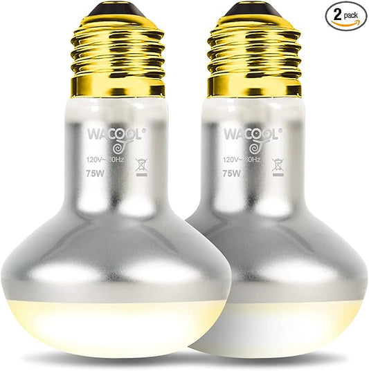 WACOOL 2 Pack Heat Lamp Bulbs for Reptiles, 75W Intense Basking Spot Lights, Simulate Daytime Sunshine Heat Bulbs, UVA Daylight