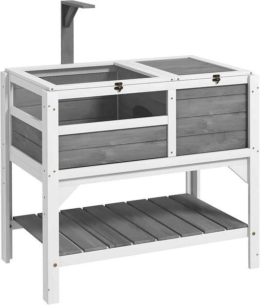 PawHut Tortoise Habitat with Shelf Storage, Tortoise Enclosure with Weather Protection, Reptile Gift Accessory, Reptile Enclosure with Tray, Light Support Frame, Light Gray
