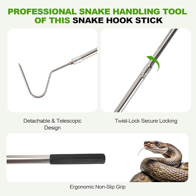 Snake Hook, Snake Grabber Tool Heavy Duty with 42 Inch Extensible Stainless Steel, Snake Tongs Stick for Rattlesnake, Copperhead Snake, Ball Python, Rattle, Cobra, Corn, Rosy Boas