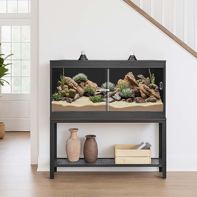 unipaws 50 Gallon Reptile Tank, Front Opening Leopard Geckos Enclosure Terrarium with Sliding Doors, Top Ventilation, Stackable Black Cage for Lizards