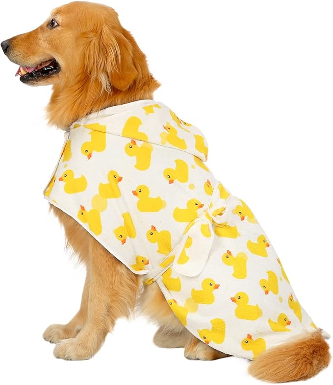 HDE Dog Bathrobe Super Absorbent Quick Drying Puppy Towel Wrap Coat Adjustable After Bath Robes with Hood for Dog Sizes S-XXL White Rubber Ducks XXL