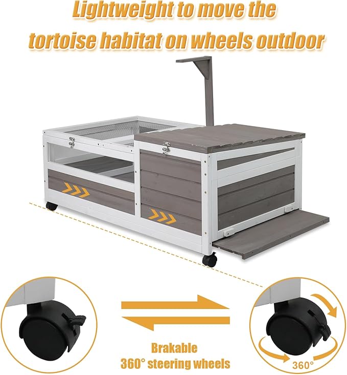 Ketive Tortoise Habitat Large Wooden Tortoise House Indoor & Outdoor, Reptile Cage for Small Animals-Leakproof Tray (Grey, 23" D x 38.98" W x 14.5" H)