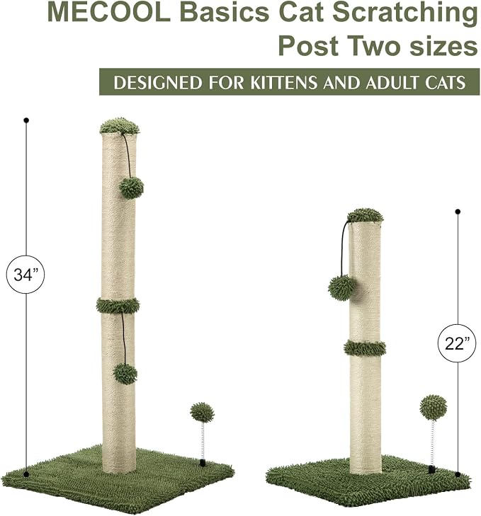 MECOOL 34“ Tall Cat Scratching Post Premium Basics Kitten Scratcher Sisal Scratch Posts Trees with Hanging Ball for Indoor Cats (34 inches for Adult Cats, Cactus Green) - Image 6