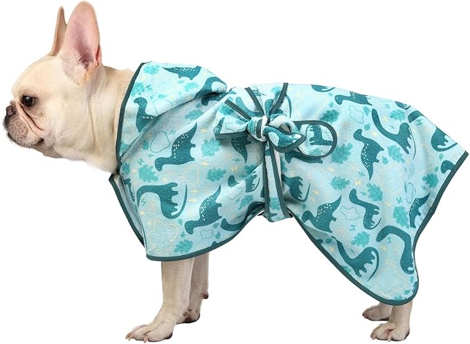 HDE Dog Bathrobe Super Absorbent Quick Drying Puppy Towel Wrap Coat Adjustable After Bath Robes with Hood for Dog Sizes S-XXL Dinosaurs S