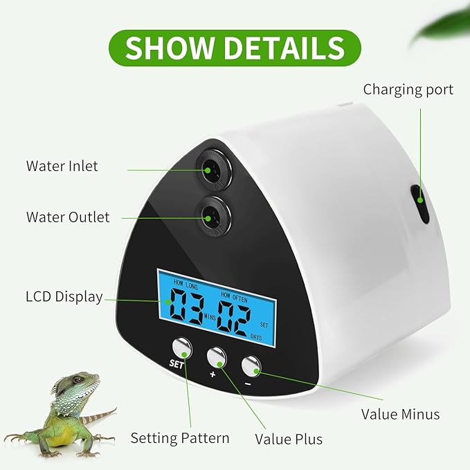 Reptile Mister System, Reptile Humidifier with LCD Screen, Mister for Reptile Tank with 2 Nozzles, Used for Chameleons, Reptiles, Tree Frogs, Snakes