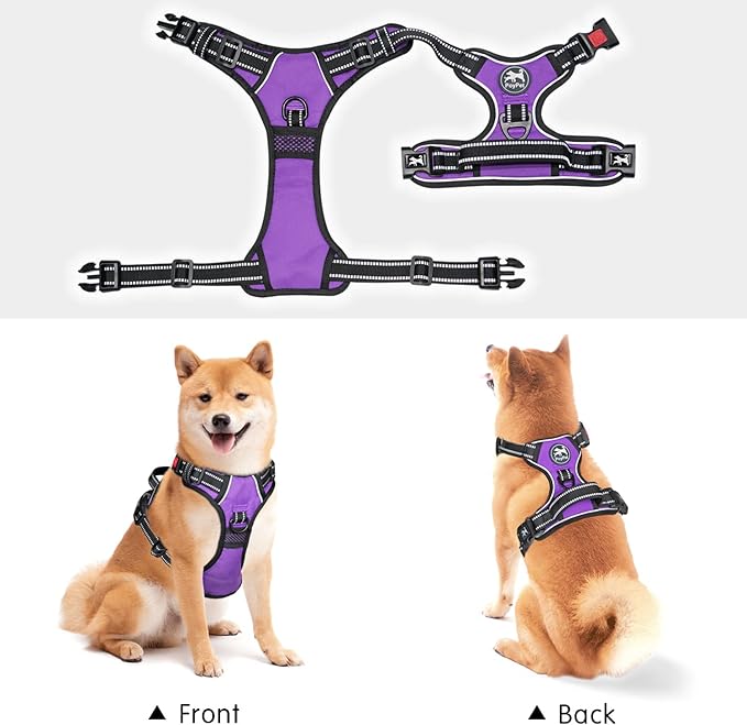 PoyPet No Pull Dog Harness, No Choke Front Lead Dog Reflective Harness, Adjustable Soft Padded Pet Vest with Easy Control Handle for Small to Large Dogs(Purple,S)