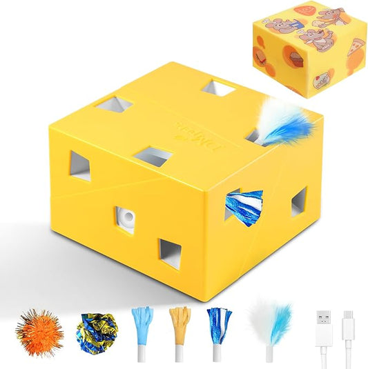 Migipaws MigiBox Cat Toy with PopSkin, Interactive Kitten Toy for Indoor Cats, Automatic Pop Out Feathers from 12 Holes Randomly, Pounce Mystery Under Cover to Stimulate Bored Furry, Rechargable by MigipawsCreateMoreEnjoymenttoPetsandFamily