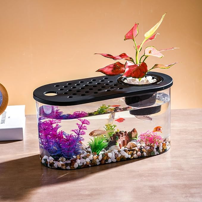 Small Turtle Tank Kit, Reptile Aquarium with Basking Platform, Decor Stones & Water Grass – Habitat for Turtles, Hermit Crabs, Fish – Ideal for Home or Office (12" x 6" x 12")