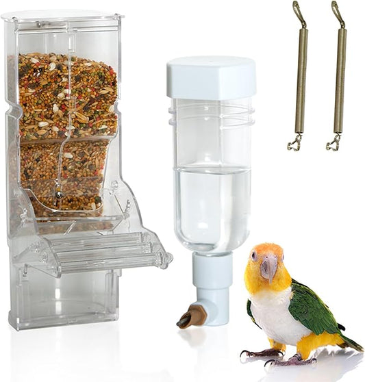 No Mess Automatic Bird Feeder & Water Dispenser Set, Transparent Parrot Cage Accessories - Food Container and Drinker for Parakeets, Cockatiels, Finches, Lovebirds, Budgies, Canaries