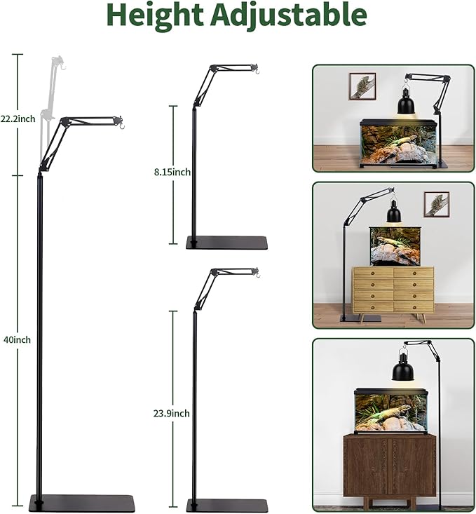 Reptile Lamp Stand, Adjustable Heat Lamp Holder, Floor Light Holder Lamp Hanging Bracket, Black Metal, for Reptile Glass Terrarium Bearded Dragon Turtles Snake and Chicks