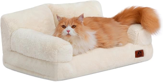 Hollypet Fluffy Dog Cat Bed Pet Couch Beds Plush Soft Warming Washable Puppy Bed for Small Medium Dogs and Large Cats, Beige, 24" L x 18" W x 10" Th