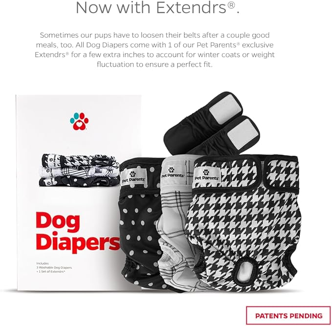 Pet Parents® Washable Dog Diapers (3pack) + Extendrs® of Durable Doggie Diapers, Premium Dog Diapers Female (Small, Luxe)